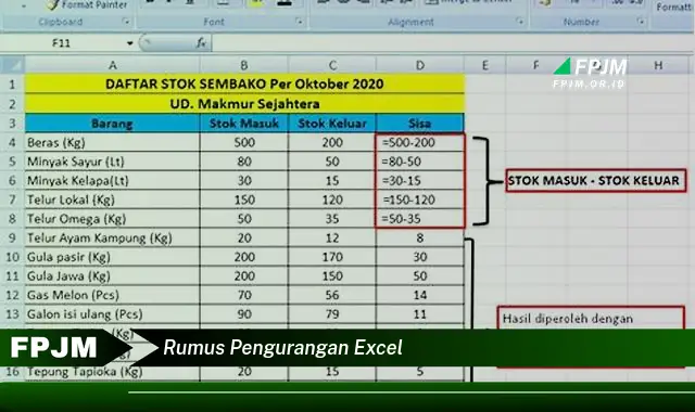 rumus pengurangan excel